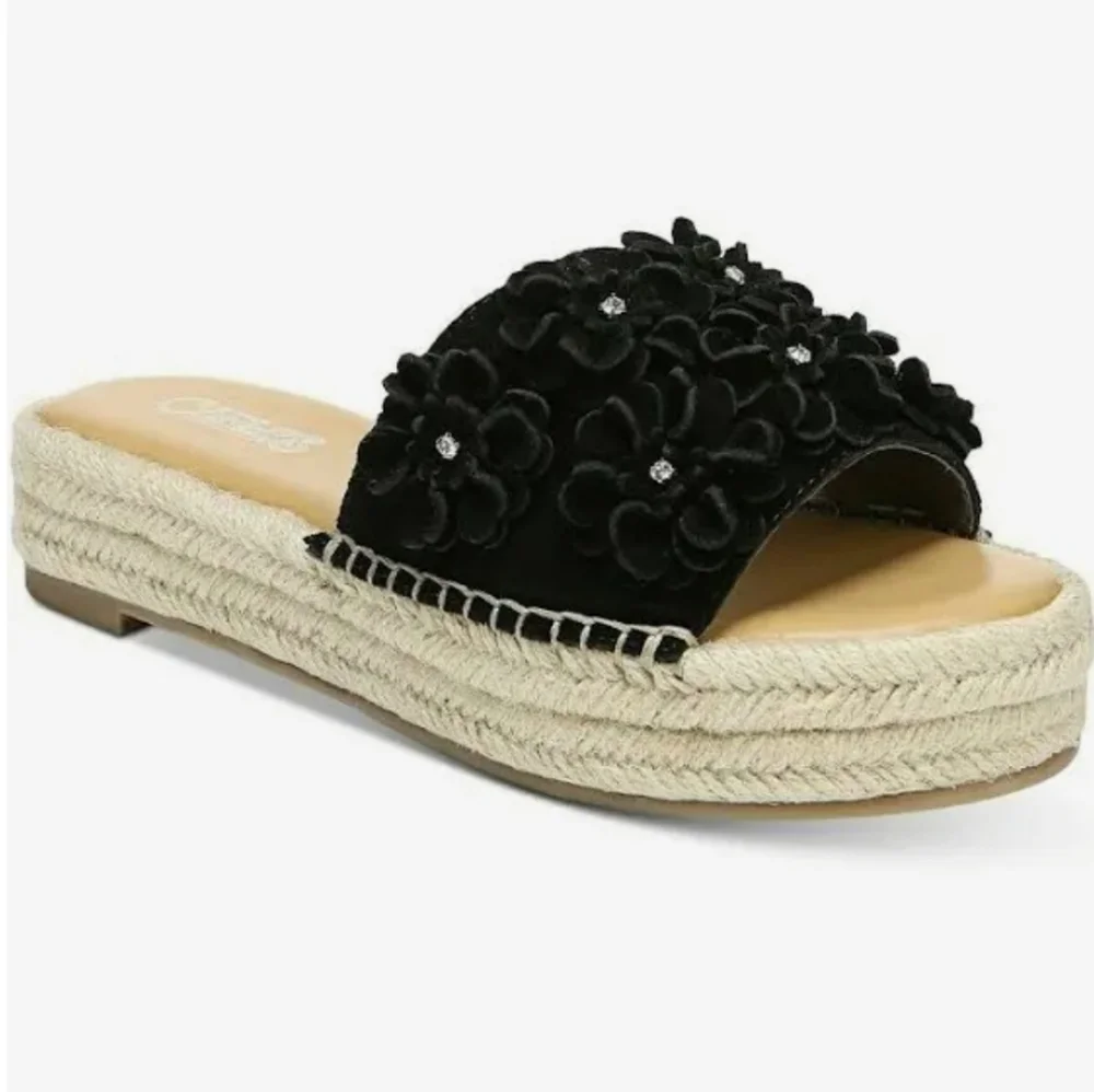 Carlos Santana Chandler Black Suede & Rhinestone Floral Slides Sz 9M